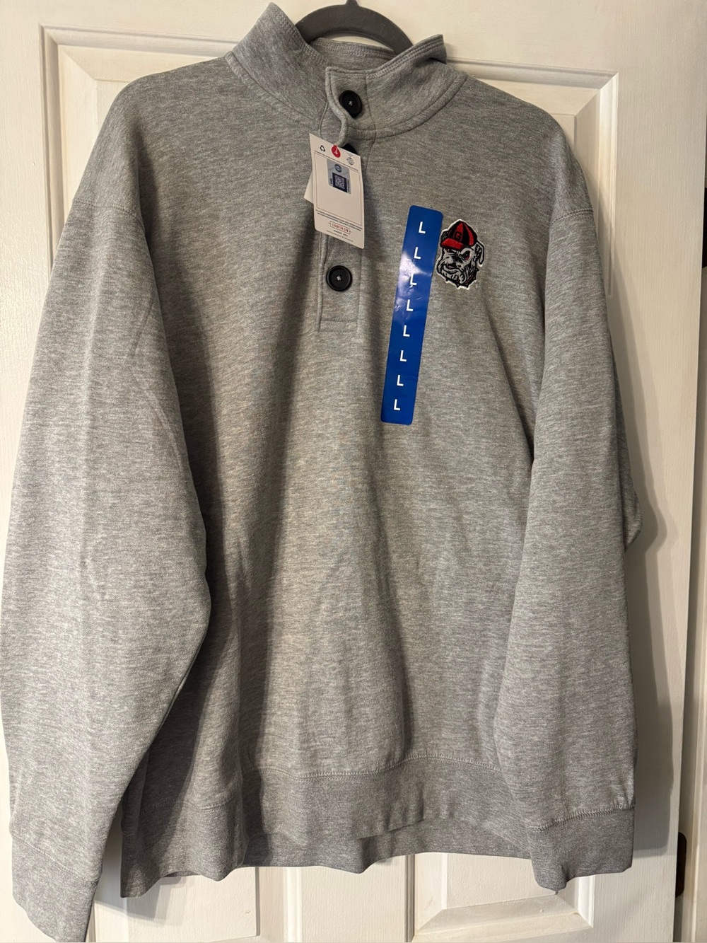 Gray Men's Quarter-Snap Pullover Sweater with Georgia Bulldog logo. NWT